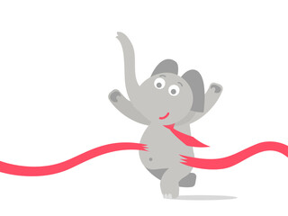 Elephant businessman in a red tie wins the race and runs first, tearing the red ribbon with his chest. Flat vector character illustration.