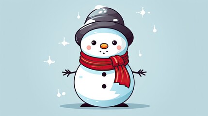  a snowman wearing a red scarf and a black hat with a red scarf around his neck and a red scarf around his neck, on a light blue background.  generative ai