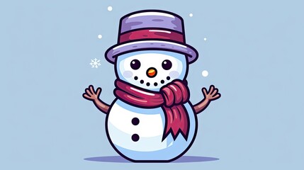  a cartoon snowman wearing a red scarf and a purple hat and a red scarf around his neck, with his hands in the air, on a blue background.  generative ai