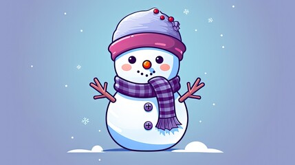  a cartoon snowman wearing a purple hat and scarf and scarf around his neck, with his hands in the air and his eyes closed, and his eyes closed.  generative ai