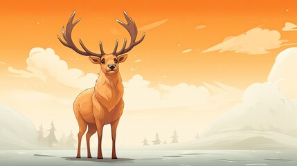  a deer standing in the middle of a snow covered field in front of an orange sky with clouds and a snow covered hill in the foreground with snow on the ground.  generative ai