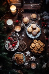 Fototapeta na wymiar Tasty homemade Christmas cookies on the table. Gingerbread. Top view