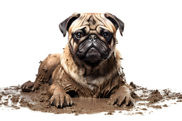 Pug Dog in Mud Full Body Isolated Transparent Background Pet Canine Companion Outdoor Dirty Cute Studio Photography
