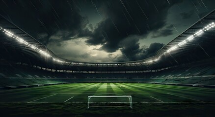 empty football field from one end on a rainy night with all the floodlights on, sport concept - obrazy, fototapety, plakaty
