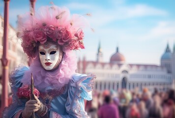 typical venetian costume during carnival with san marco square in the background - obrazy, fototapety, plakaty