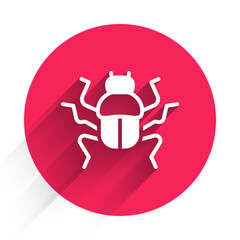 White Beetle bug icon isolated with long shadow. Red circle button. Vector