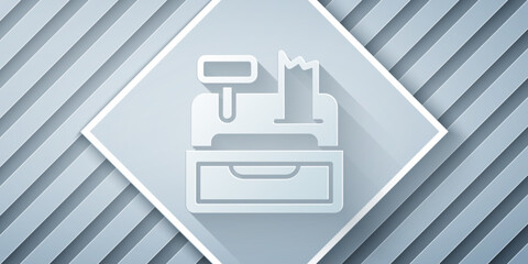 Paper cut Cash register machine with a check icon isolated on grey background. Cashier sign. Cashbox symbol. Paper art style. Vector