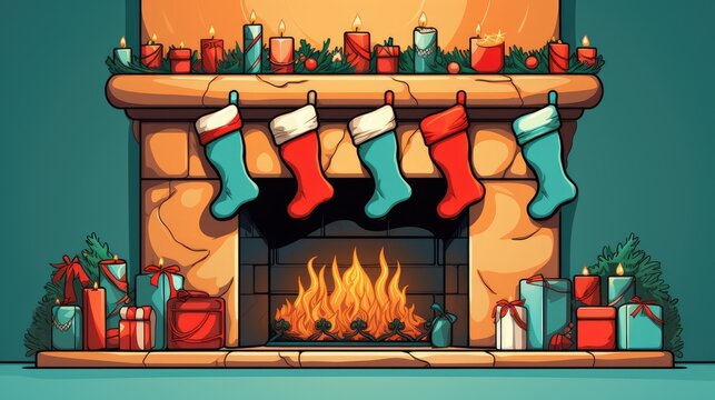 a fireplace decorated for christmas with stockings hanging from the mantel and presents under the stockings on the mantel, with candles and presents on the mantel,.  generative ai