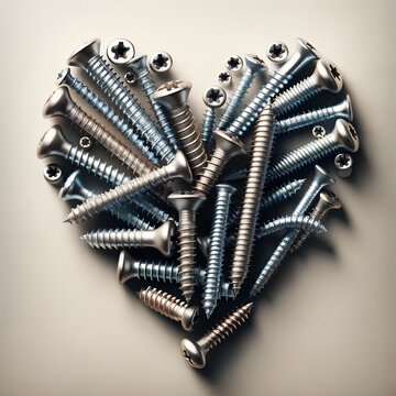 A photo-realistic image of screws arranged in a heart shape