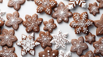  a white table topped with lots of cookies covered in frosted snowflakes and snowflakes on top of each one of the cookies are brown and white snowflakes.  generative ai