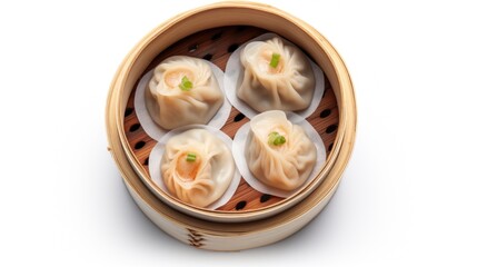 A group of dumplings sitting inside of a wooden container, tasty dim sum.