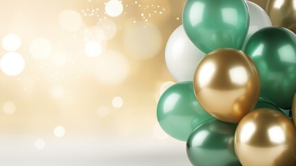  a bunch of green and gold balloons in front of a gold and white blurry background with a boke of...