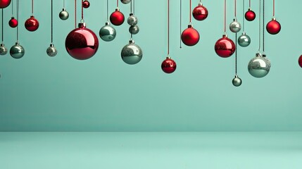  a group of red and silver christmas ornaments hanging from a line of red and silver baubles on a teal green background with space for text ornament.  generative ai