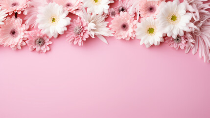 Fototapeta na wymiar Several white and pink flowers - daisies, chrysanthemums on a pink background.Generative AI