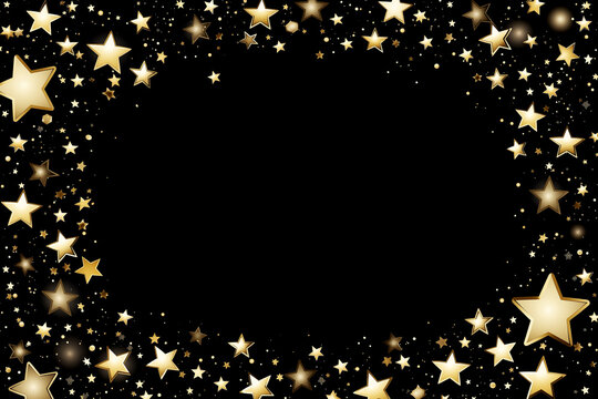 Golden frame with copy space in center, with golden stars and elements , on black background