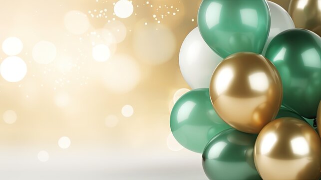  a bunch of green and gold balloons in front of a gold and white blurry background with a boke of white and gold balloons in the middle of the image.  generative ai