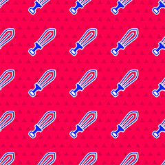 Blue Sword toy icon isolated seamless pattern on red background. Vector