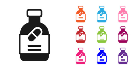 Black Medicine bottle and pills icon isolated on white background. Bottle pill sign. Pharmacy design. Set icons colorful. Vector