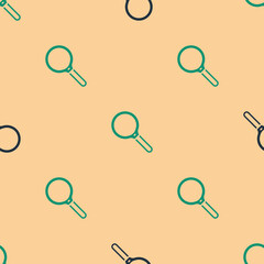 Green and black Magnifying glass icon isolated seamless pattern on beige background. Search, focus, zoom, business symbol. Vector