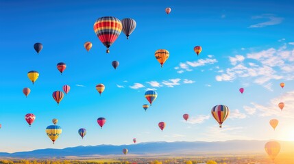 Colorful group of hot air balloons at a festival against a beautiful mountain landscape and the blue sky - Powered by Adobe