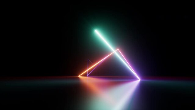 cycled 3d animation, abstract futuristic background, geometric neon line glowing in the dark. Gradient light zigzag