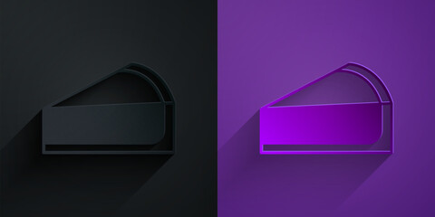 Paper cut Cherry cheesecake slice with fruit topping icon isolated on black on purple background. Paper art style. Vector
