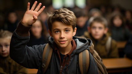 Student raising hand in class. Boy asking for the floor to speak in a school. Boy with backpack in the middle of a class at school. Group of primary level students. Schoolchildren in a classroom.