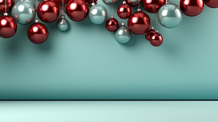  a bunch of shiny red and silver ornaments hanging from a blue wall with a light blue back ground and a light blue back ground with a light blue back ground.  generative ai