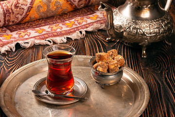 Turkish delight sweets on plate with Turkish tea. - 677280980