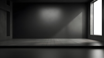 Obraz premium Black wall and smooth floor with beautiful window shadow and sun glare. Universal background for product presentation.