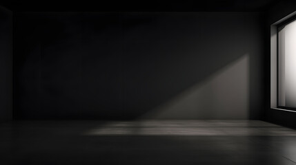 Black wall and smooth floor with beautiful window shadow and sun glare. Universal background for product presentation.