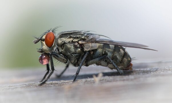 Macro shot of a Sarcophagidae flesh fly on a wooden surface