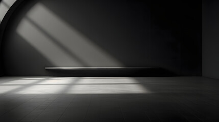 Black wall and smooth floor with beautiful window shadow and sun glare. Universal background for product presentation.