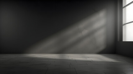 Black wall and smooth floor with beautiful window shadow and sun glare. Universal background for product presentation.