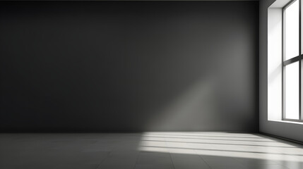 Black wall and smooth floor with beautiful window shadow and sun glare. Universal background for product presentation.