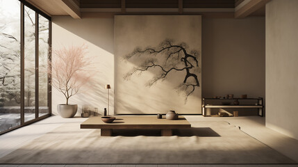 Wabi sabi style interior, minimalistic design