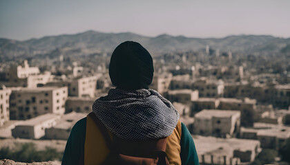 A young man in a turban is looking at the city of Udaipur.