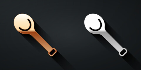 Gold and silver Sauna ladle icon isolated on black background. Long shadow style. Vector