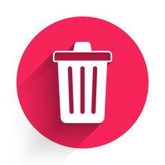 White Trash can icon isolated with long shadow background. Garbage bin sign. Recycle basket icon. Office trash icon. Red circle button. Vector