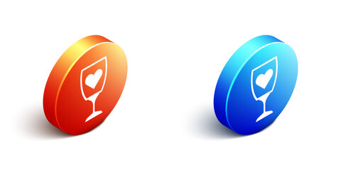 Obraz premium Isometric Glass of champagne icon isolated on white background. Happy Valentines day. Orange and blue circle button. Vector