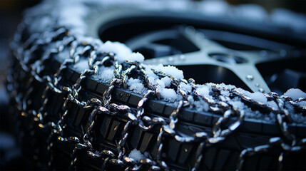 close-up of snow chains on winter tires. winter safety on slippery and snowy roads