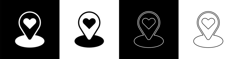 Set Map pointer with heart icon isolated on black and white background. Valentines day. Love location. Romantic map pin. Vector - obrazy, fototapety, plakaty