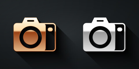 Gold and silver Photo camera icon isolated on black background. Foto camera. Digital photography. Long shadow style. Vector