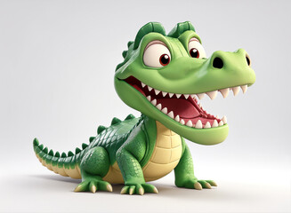 A 3d rendering featuring a happy and adorable cartoon character crocodile against a white background