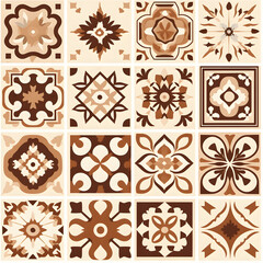 azulejo, seamless pattern. wall ceramic tiles. a repeating backdrop, a set of tiles in beige and brown colors. repeating background. - obrazy, fototapety, plakaty
