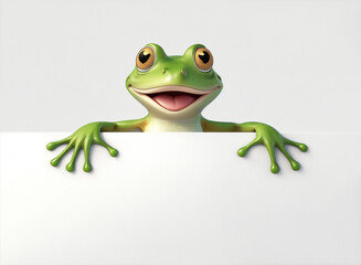 A 3D animated green frog cartoon character holding a blank white banner board - obrazy, fototapety, plakaty