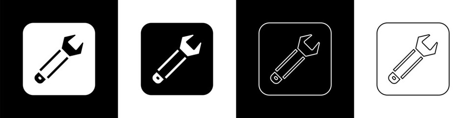 Set Wrench spanner icon isolated on black and white background. Spanner repair tool. Service tool symbol. Vector