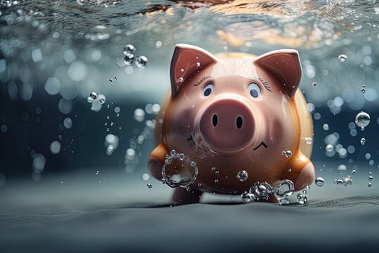 Piggy bank underwater. Financial crisis, economy decline concept. Generative Ai