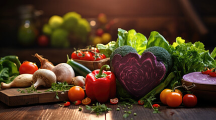 A wooden table topped with lots of different types of vegetables, vegan January challenge.