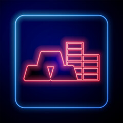 Glowing neon Gold coin with gold bars icon isolated on black background. Banking currency sign. Cash symbol. Vector